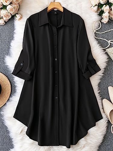 Image of Leriya Fashion Dresses for Women Western| Women's Solid Long Shirt for Women | Casual Button Down Tunic Top | Collared 3 /4 Roll-Up Sleeve Loose Fit Office Wear Shirt | Longline Western Top Or Dress