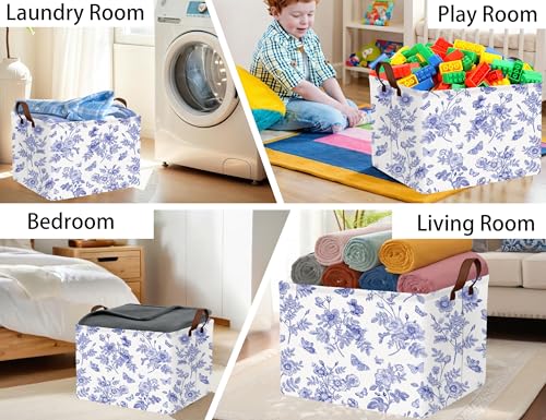 Image of Large Blue Chinoiserie Willow Butterfly Decor Basket Collapsible Storage Bin (Floral)