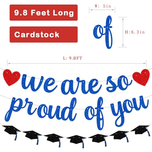 Image of Pre-Strung We Are So Proud of You Banner Garland for Veterans Day Congratulation Graduation Party, NO DIY Black and Blue Glittery Letter Hat Sign for School Classroom, Home Party