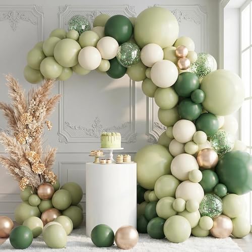 Image of RUBFAC Dusty Green Balloons 129pcs Different Sizes Pack of 18 12 10 5 Inch, Latex Boho Sage Green Balloon Garland Arch Kit for Wedding Dinosaur Jungle Safari Birthday Party Decorations