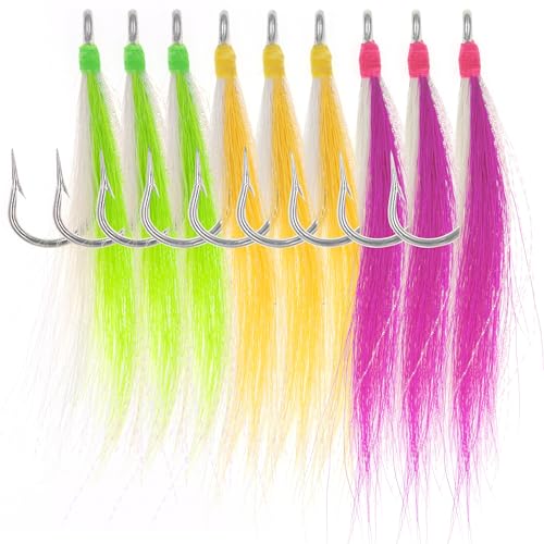 Xubbwov Bucktail Teasers Saltwater Fishing Hooks 9 pcs Multi-Color (Green Yellow Pink)