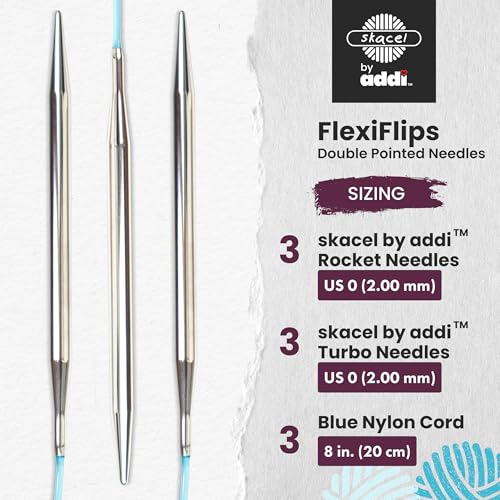 skacel by addi Double Pointed Knitting Needles, 8 Inch (20 cm) Flexiflips Basic Double Point Plated Brass Knitting Needle Pair with Nylon Cord, 2 mm (US Size 0) - Thumbnail 2