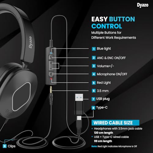 Image of Dyazo Wired Headset with Microphone | Active & Environmental Noise Cancellation | 3-in-1 USB, Type-C & 3.5mm Connectivity | in-Line Controls | On-Ear Headphones for PC, Mobile Phone & Laptop (Black)