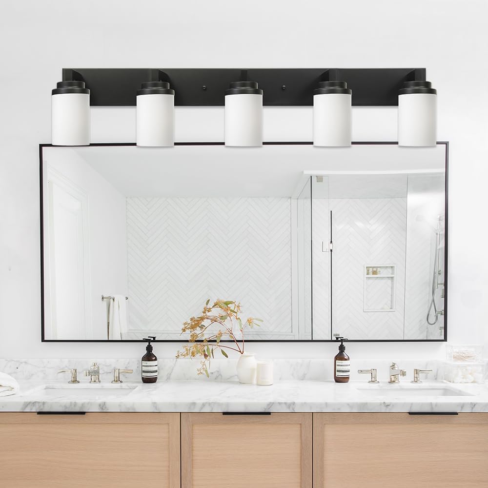TODOLUZ 5 Light Bathroom Vanity Light Fixtures, 31-Inch Wall Sconce Lighting Over Mirror with Opal White Glass Shade, Modern Wall Mount Lamp for Kitchen