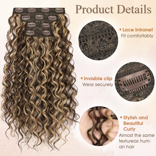 PHADRIA Curly Clip in Hair Extensions,4PCS 20 Inch Hair Extensions long Soft Natural Hairpiece Lace Weft Curly Wave Clip Ins Extensions Invisible for Women(Chocolate Brown with Highlights) — view 4