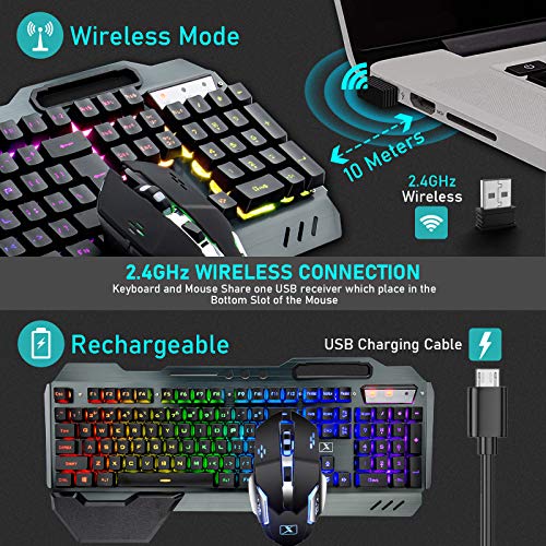 Wireless Gaming Keyboard Mouse And Wired Computer Speaker With Rainbow Rgb Backlit Rechargeable Battery Metal Mechanical Ergonomic Waterproof Dustproof Removable Palm Rest For Laptop Pc Gamer(Black) #TOP1
