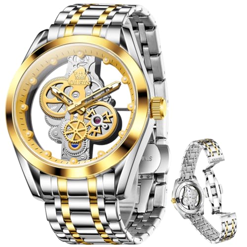 Image of OLEVS Mens Watch Luxury Skeleton Stainless Steel Fashion Wrist Watch Business Dress Analog Date Waterproof Luminous Gift Watch for Male