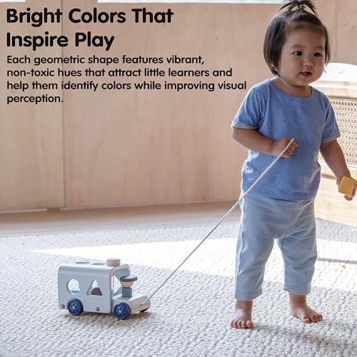 Image of PlanToys Wooden Shape Sorting Bus Toy for Kids Ages 3+ | Montessori Pull Along & Colour Learning Activity for Sorting, Coordination & Fine Motor Skills | Eco-Friendly Educational Playset