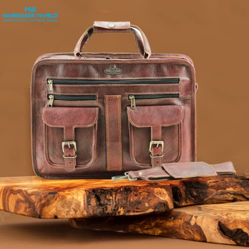 Handmade World Leather Messenger Bag - 16 Inch Briefcase Messenger Bag Brown Leather With Crossbody Shoulder Strap - Great Messenger Bag For Laptops, Business, Travel, Or School #TOP2