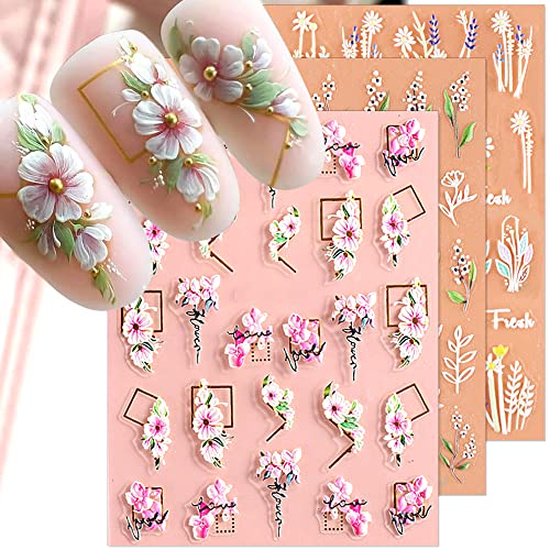 5D Blume Nagelsticker, Stereoskopisch Geprägte Blumen Nagelaufkleber Selbstklebend Nail Art Aufkleber Florale Nagelabziehbilder Nageldesign Sticker Nail Art Dekoration DIY Nagelzubehör,6 Blätter/Set Cover