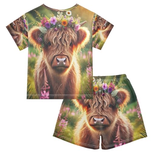 Flowers Highland Cow Pajama Set Short Sleeve PJS 2 Piece Summer Pajamas Shorts Sets Cotton 5Y2