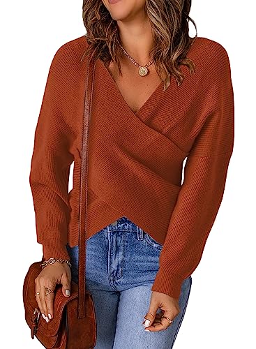 Kirundo 2023 Fall Winter Women's Long Sleeve Cross Wrap V Neck Knit Sweater Off Shoulder Backless Casual Pullover Tops(Rust Red, Small) #TOP15