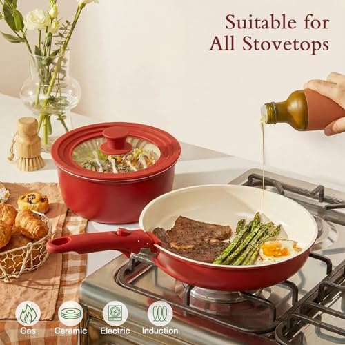 Image of GIPP 21PCS Pots and Pans Set Non Stick,Kitchen Cookware Set Detachable Handle,Red and Black Gradient Pot and Pan Set,Non Toxic Cooking Pan Set with Frying Pans Set,RV Cookware Sets for All Stoves