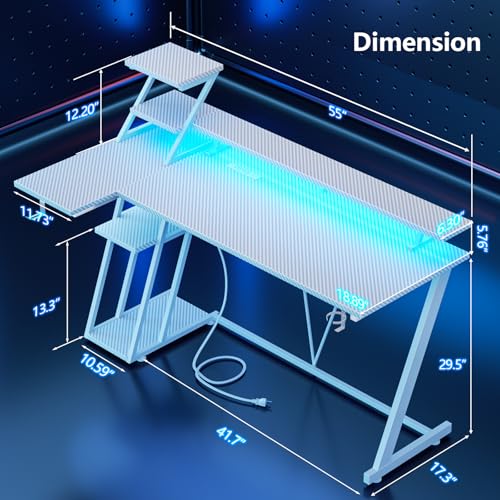 Image of Korfile 55 Inch White Gaming Desk with LED Lights & Power Outlet, Gaming Computer Desk with Storage Shelves, L Shaped Gamer Workstations with Monitor Stand for Bedroom