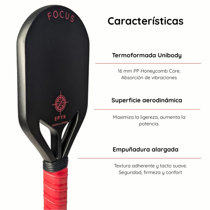 EPYK Racchetta da pickleball di tecnica e allenamento Focus Edgeless, 222 grammi, impugnatura lunga ergonomica, fibra di carbonio T700 e polipropilene Honeycomb