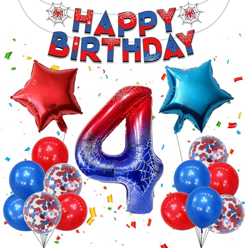 Spider Geburtstagsdeko 4 Jahre Set Spinnen-Motiv Luftballons Set mit Folienballon Zahl 4 Banner Wimpelkette Sternfolienballons Rote Blaue Latex & Glitzerballons für Kinderparty