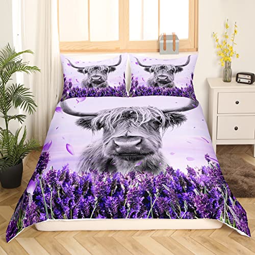 Homewish Purple Highland Cow King Size Duvet Cover Set, Cottagecore Floral Lavender Bedding for Girls Women - Image 3