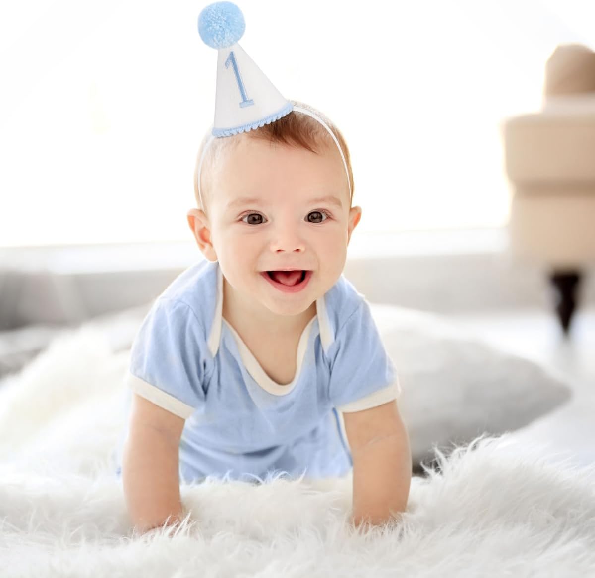 Baby 1st Birthday Party Crown, Pink 1st Birthday Embroidered Party Hat, Blue One Party Hat For Boys/Girls (BULE-1ST-CXMZ) - Image 4