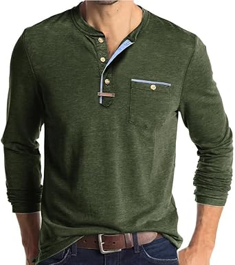 Mens Athletic Henley Shirts Casual Lightweight Long Sleeve Button Pullover with Pocket