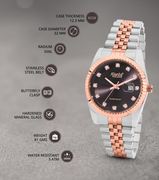 Image of Ajanta Quartz Avenza Women Analog Watch| Stainless Steel Bracelet Strap | Day & Date Display | Water Resistant | Formal & Casual Wrist Watch for Women