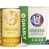 Gnarly Nutrition Performance Greens Blueberry Açai, (11.64 oz) and Gnarly Whey Grass-Fed Protein Supplement, Vanilla (32.0oz)