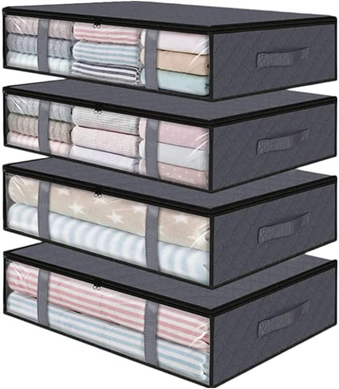 HIPIHOMUnderbed Storage Containers, Foldable Under Bed Storage Bags Large Capacity Under-Bed Storage Bins for Blankets, Clothes, Sweaters Comforters with Handles Visible Clear Window, Grey 4 Pack