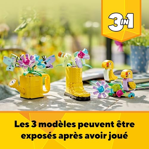 LEGO Creator 3-en-1 Les Fleurs dans l’Arrosoir, Jouet de Chambre d'enfant, avec Arrosoir, Bouquet de Fleurs, Bottes en Caoutchouc ou 2 Oiseaux, Cadeau Créatif pour Filles et Garçons de 8 Ans 31149