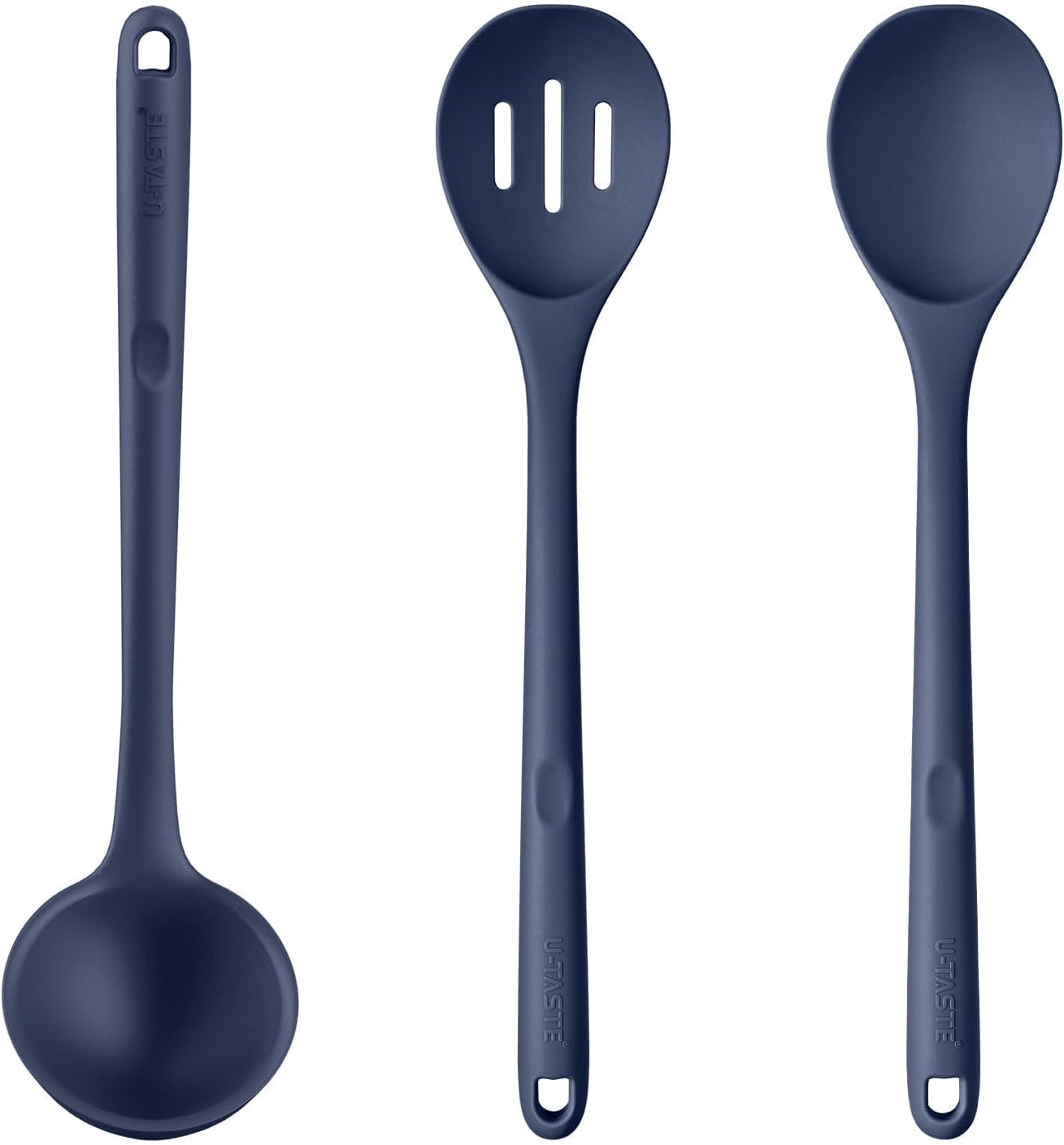 U-Taste 600ºF Heat Resistant 13 inch Silicone Soup Ladle, and 600ºF Heat Resistant Silicone Spoons, 13.3in Solid & Slotted Kitchen Mixing Tool (Midnight Blue)