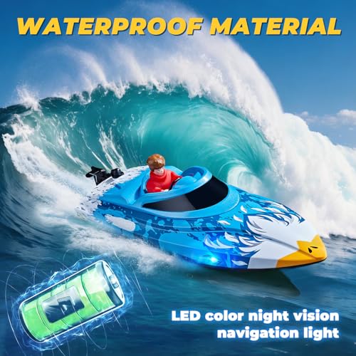 25KMH RC Remote Control Boat with LED Lights, Self-Righting, Low Battery Alert, 2.4GHz, with 800 mAh Lithium battery, Waterproof Electric Fast Speed Boat for Pool & Lake, Toy for Boys Girls, Blue