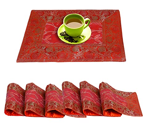 Image of Embroidery Home Decor Decorative Silk Dining Table Mats 6 Pieces Placemats 45x30 Cm (Orange)