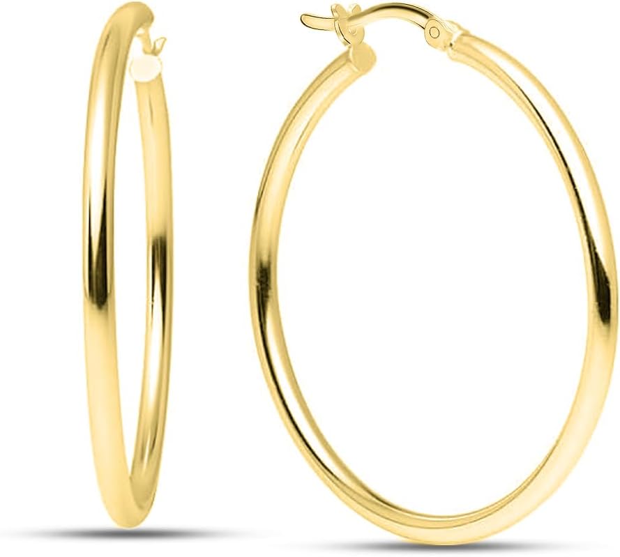 Charmsy Valentines Day Earrings 14K Gold Plated 925 Sterling Silver Hoop Earrings Italian 14K Yellow-Gold 2.5mm Tube Medium Hoops Earring Classic Click-Top for Women 35mm