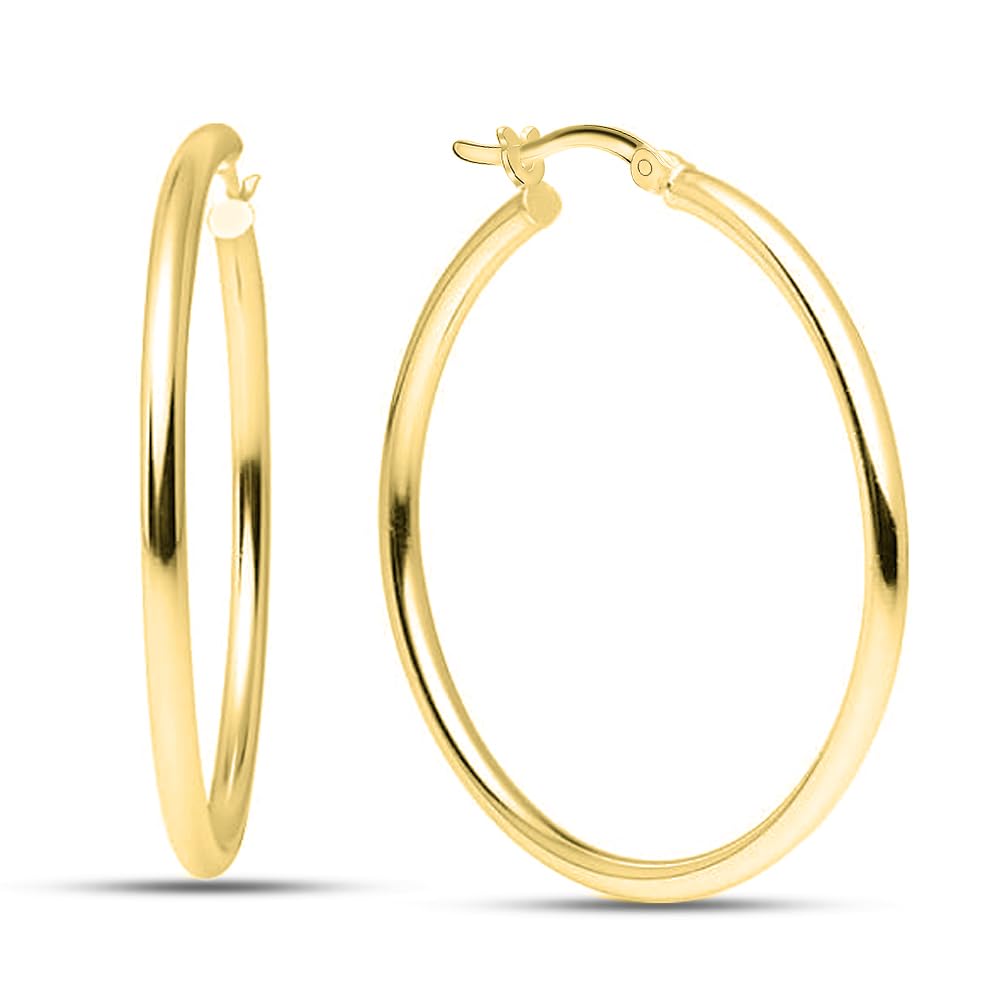 Charmsy Valentines Day Earrings 14K Gold Plated 925 Sterling Silver Hoop Earrings Italian 14K Yellow-Gold 2.5mm Tube Medium Hoops Earring Classic