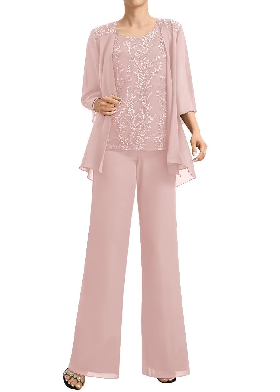 3 Piece Mother of The Bride Pant Suits for Wedding 3/4 Sleeve Chiffon Formal Pants Outfit with Jacket