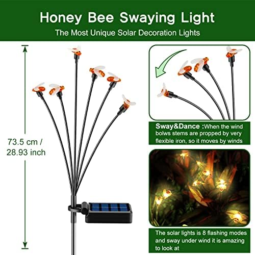 Solar Lights Outdoor Garden, Honey Bee Swaying Lights 8 Mode Solar Starburst Lights Waterproof Outdoor Garden Ornaments Lights Outdoor Decorative Stake Lights for Lawn Patio Garden