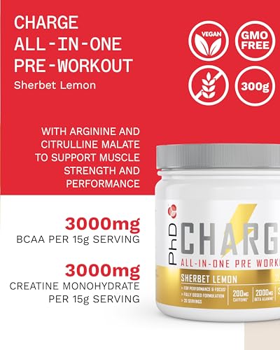 PhD Charge, All in One Pre Workout Powder with Creatine for Women and Men, Rich in Beta Alanine, High Caffeine for pre-Workout, Sherbert Lemon Flavour, 20 Servings Per 300g Bottle - Image 3