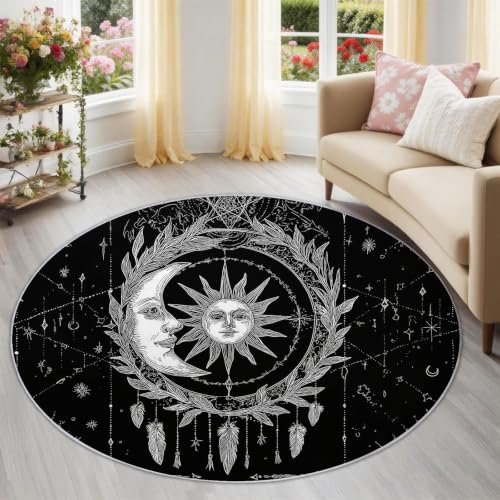 Tapis noir gothique lune soleil feuillage lavable en machine 80 cm - 2