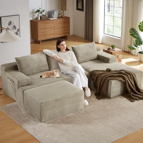Image of 96.1 inch Modular Sectional Sofa with Ottoman, Modern Corduroy Cloud Couch, Boneless Couch Upholstered 3-Seater U-Shaped Sofa for Living Room, No Assembly (Camel, Right-Facing Chaise)