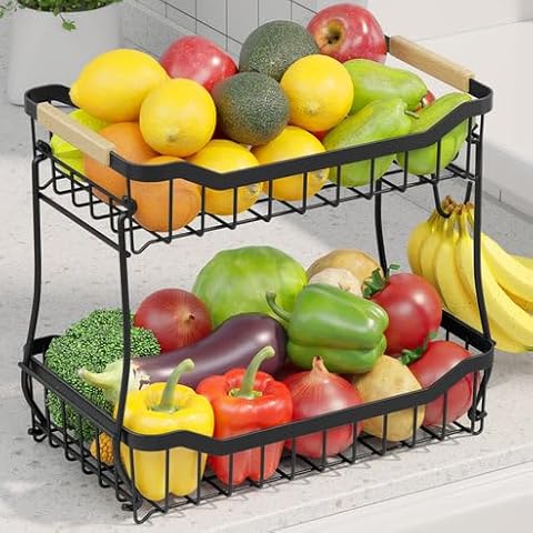 Sakugi Fruit Basket - 2 Tier Fruit Basket for Kitchen Counter, Detachable Fruit Vegetable Basket with Banana Hanger, Metal Countertop Fruit Stand with Wooden Handle, Black, 7.3" D x 11.2" W x 10.3" H Cover