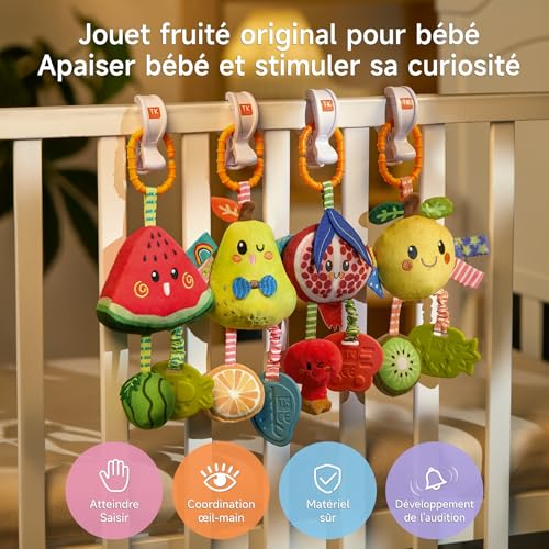 TUMAMA Hochet à suspendre pour landau de bébé de 0 à 3 à 6 à 9 mois, jouets d'apprentissage sensoriel pour nouveau-né avec son couineur et anneau de dentition, hochets en peluche citron pour siège – Image 3