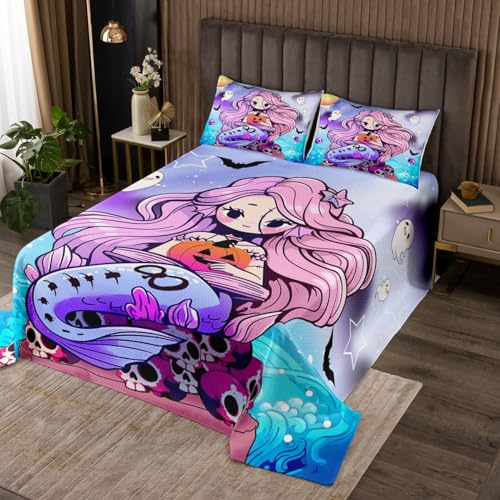 Halloween Mermaid Bedspread Full,Gothic Skull Pumpink Ghost Watercolor Halloween Quilted Coverlet 3pcs for Adults Teens Room Decor,Cartoon Animals Wild Bats Ocean Theme Bedding Quilt