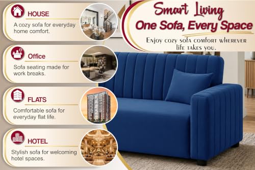 Image of Modern 3 Seater Sofa | Vertical Channel Tufted Backrest & Armrests | Plush Cushioned Seating | Contemporary Upholstered Couch for Living Room, Bedroom & Office - Blue Color