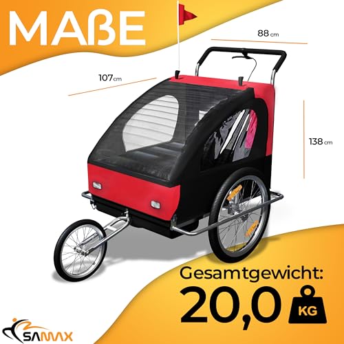 SAMAX Fahrradanhänger Jogger 2in1 Kinderanhänger Kinderfahrradanhänger Transportwagen vollgefederte Hinterachse für 2 Kinder in Rot/Schwarz - Silver Frame