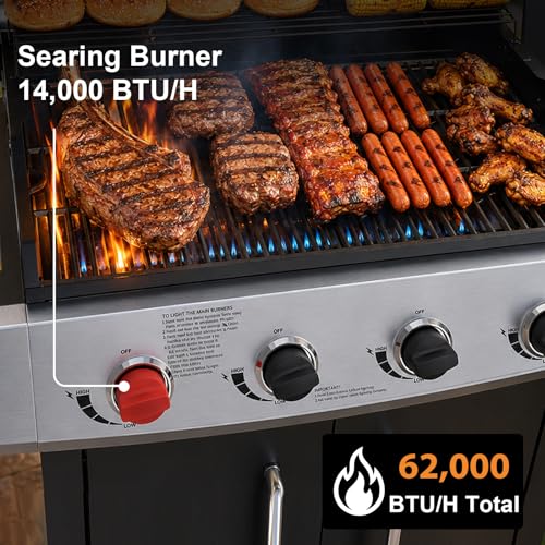 Image of 4 Burners Propane Gas Grill, BBQ Outdoor Grill Barbeque Burner | 62,000 BTU, 645 Sq.in, Searing Burner, Side Burner, Porcelain-Enameled Grates, Stainless Steel, Patio Garden Family Party
