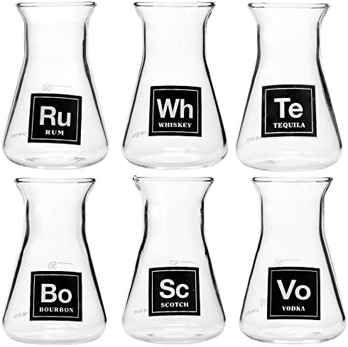 Drink Periodically Set of 6 Laboratory Erlenmeyer Flask Shot Glasses, Clear Glass-2.75oz each