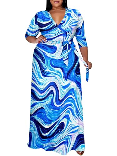 Image of SUZONANA Plus Size Maxi Dresses for Curcy Women Casual Loose 3 /4 Sleeve Long Dress with Belt