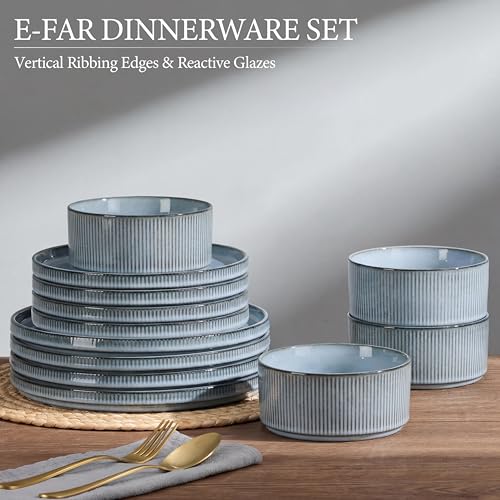 Image of E-far Stoneware Dinnerware Sets for 2, 6-Piece Plates and Bowls Sets, Chip & Scratch Resistant Ribbed Dish Set for Home Restaurant, Microwave & Dishwasher Safe, Dusty Blue