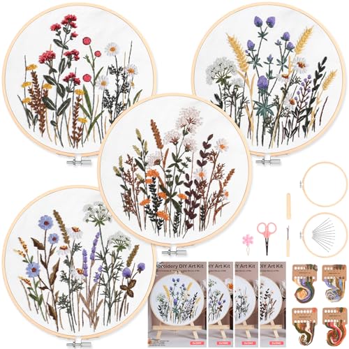 Homwiz 4 Sticken Set Erwachsene Stickset für Anfänger Blumenmuster Pflanzen Embroidery Kit mit 2 Bambus Stickrahmen Farbfäden Anleitung Stickerei Set für DIY Kunst Handwerk (Wiesenkräuter-Druck)