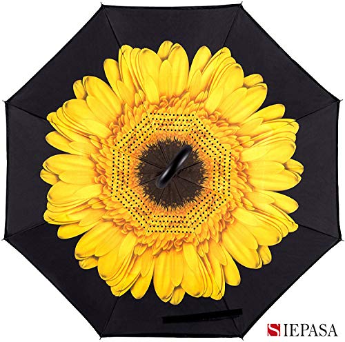 SIEPASA 49/56 Inch Inverted Reverse Upside Down Umbrella, Extra Large Double Canopy Vented Windproof Waterproof Stick Golf Umbrellas with C-shape Handle.(Yellow Daisies, 49 Inch)