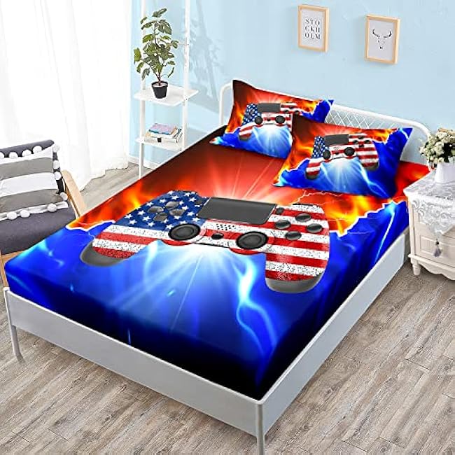 HOSIMA Gaming Bedding Gamepad Fitted Sheet Twin Size and Gamer Bedding Sets for Boys Used to Gamer Room Decor,1 Fitted Sheet+2 Pillowcases.