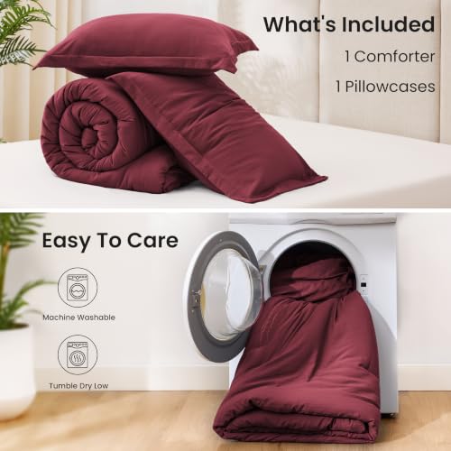 Image of Love's cabin Burgundy Twin /Twin XL Comforter Set, 2-Piece Prewashed Bed Set with 1 Comforter (66 x 90 in) & 1 Pillowcase, Lightweight & Breathable for All Seasons